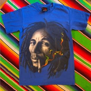 Zion Rootswear Bob Marley Smoking Joint Portrait Blue Vintage Tee Size Small